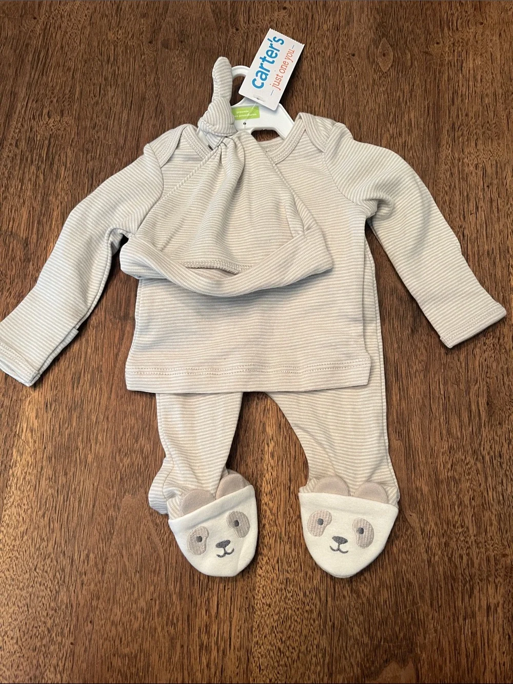 Carter's Cream & Light Gray Striped Baby 3-Piece Set with Panda Booties